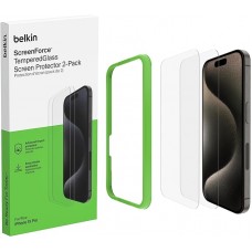 Belkin Tempered Glass Screen Protector Guard for iPhone 15 Pro with Easy Installation Frame - 2 Pack